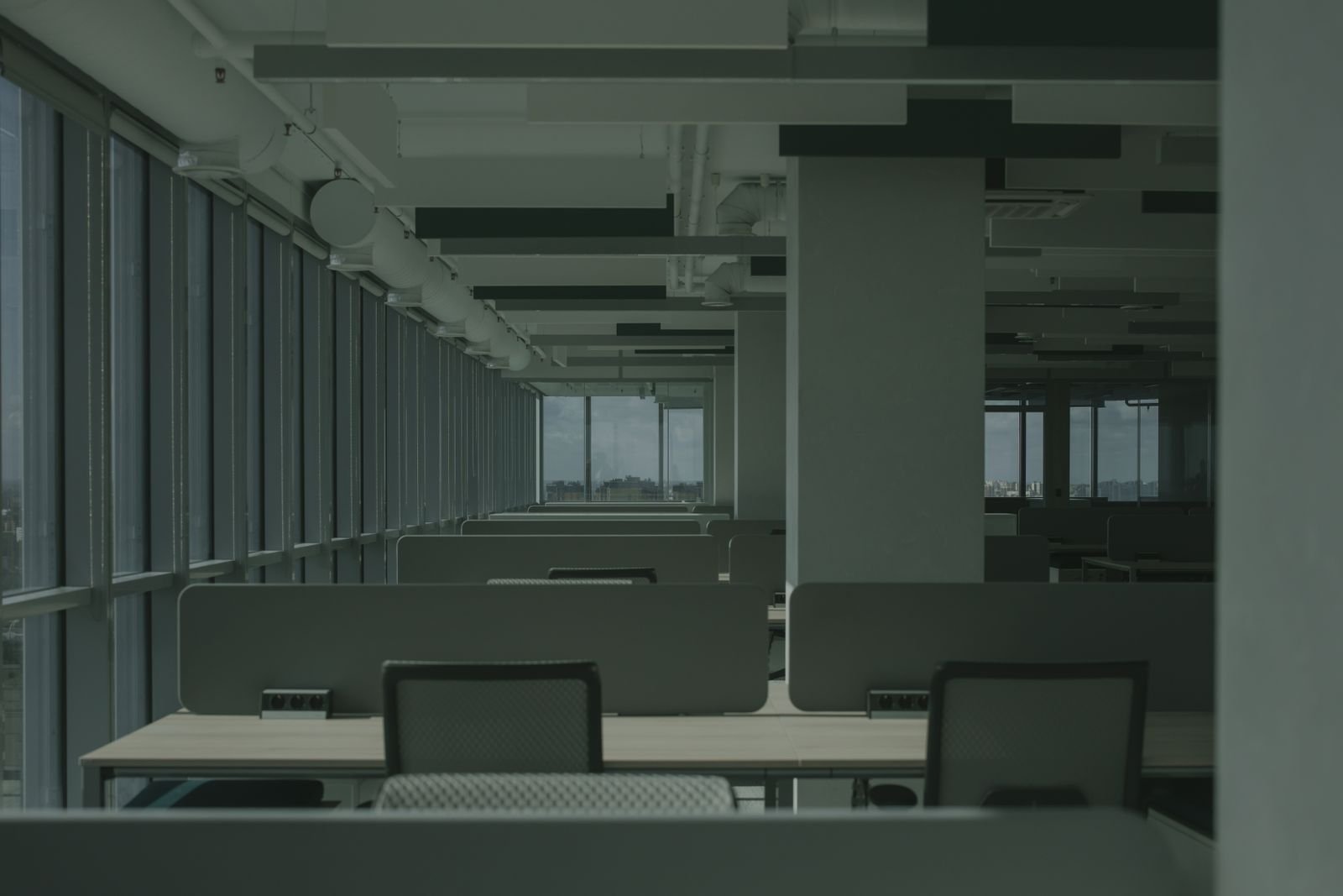 Empty modern commercial office space with rows of desks